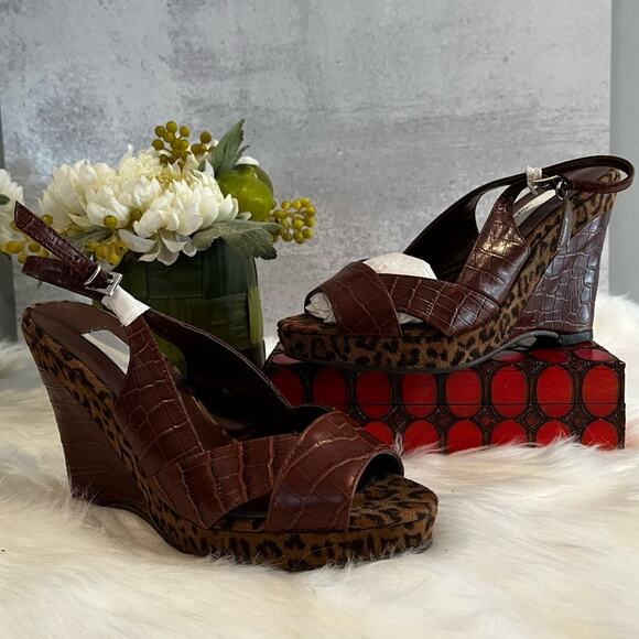 NEW RARE Spiegel Leather Platform Slingback Wedges Chocolate Leopard Sz 5.5 NWP - Picture 8 of 16